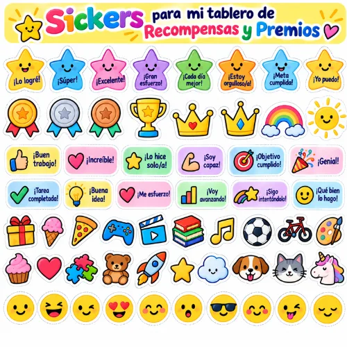 Stickers para mi tablero de recompensas y premios: estrellas, medallas y frases de motivación como ¡Lo logré! y ¡Soy capaz!