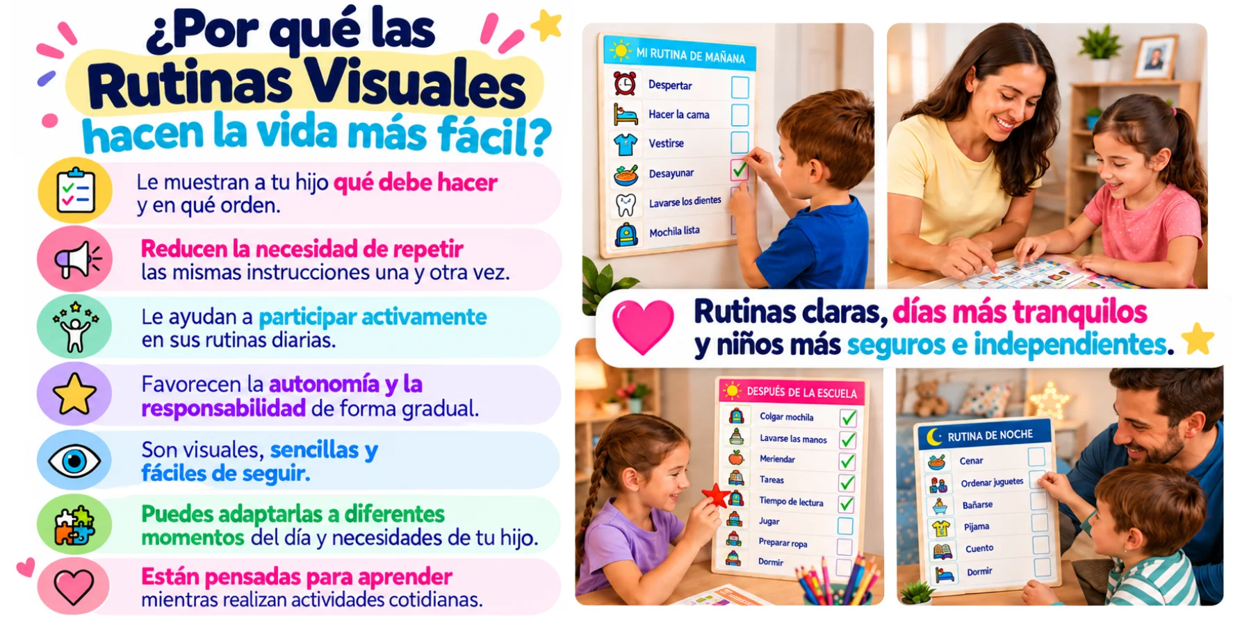 ¿Por qué las Rutinas Visuales hacen la vida más fácil? Le muestran a tu hijo qué debe hacer y en qué orden, reducen la necesidad de repetir las mismas instrucciones, le ayudan a participar activamente, favorecen la autonomía y la responsabilidad, son visuales, sencillas y fáciles de seguir, puedes adaptarlas a diferentes momentos del día y están pensadas para aprender mientras realizan actividades cotidianas