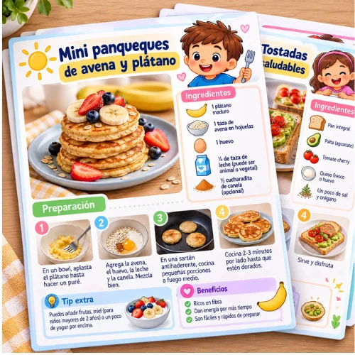 Recetas saludables para niños: mini panqueques de avena y plátano con ingredientes y preparación ilustrada paso a paso