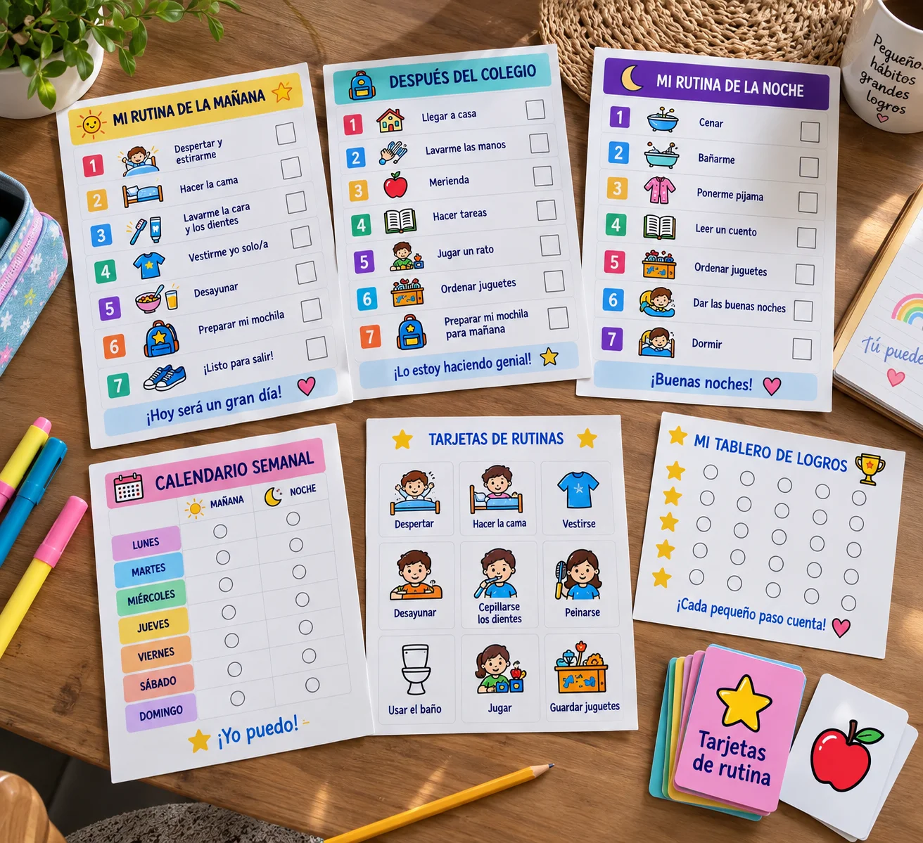 Set completo del kit: rutinas de la mañana, después del colegio y de la noche, calendario semanal, tarjetas de rutina y tablero de logros