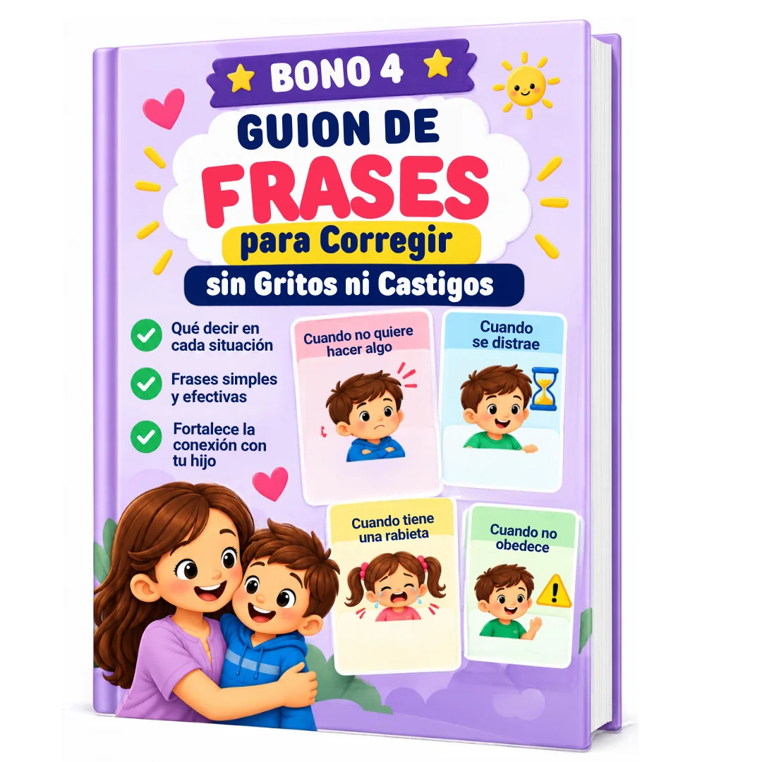 Bono 4: Guion de Frases para Corregir sin Gritos ni Castigos, libro con tarjetas de situaciones y una madre abrazando a su hijo
