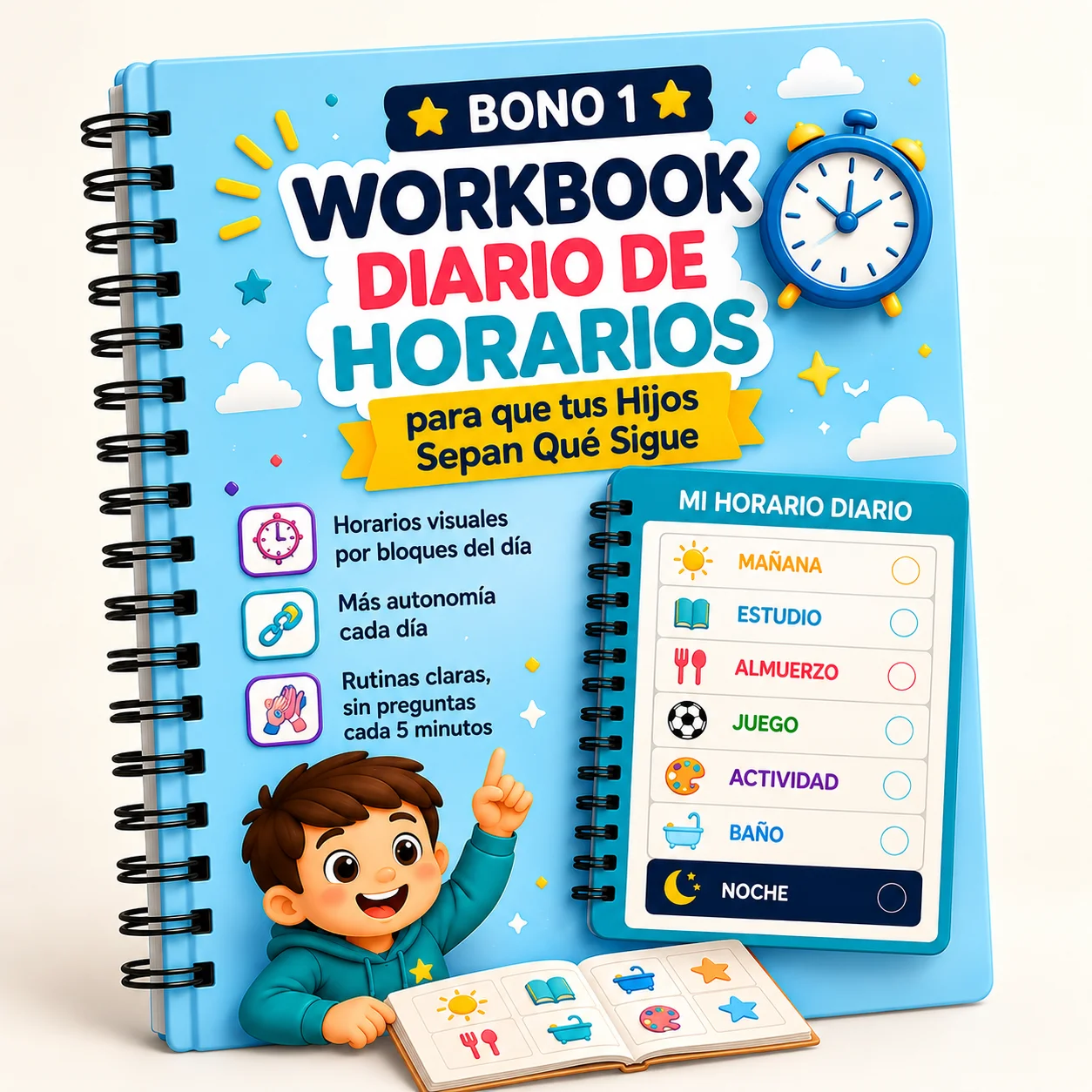Bono 1: Workbook Diario de Horarios, cuaderno anillado con horario visual por bloques del día