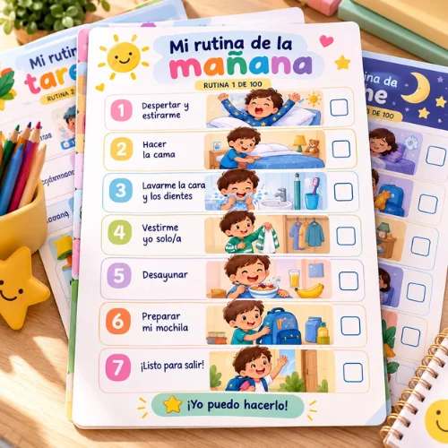 Mi rutina de la mañana: tarjeta visual con 7 pasos numerados desde despertar hasta estar listo para salir, con casillas para marcar