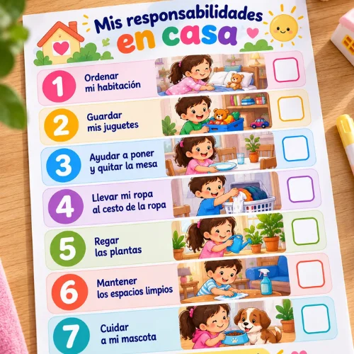 Mis responsabilidades en casa: checklist ilustrado con 7 tareas como ordenar mi habitación y cuidar a mi mascota