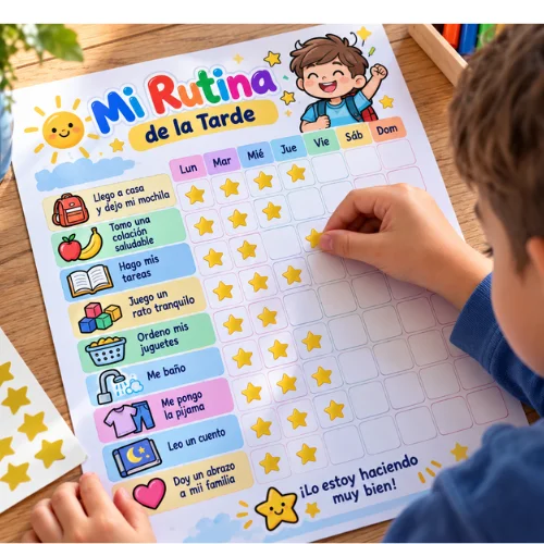 Mi rutina de la tarde: tablero semanal de lunes a domingo con tareas como ordenar juguetes y dar un abrazo a mi familia