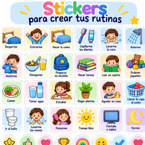 Stickers para crear tus rutinas: lámina con 24 pictogramas de actividades diarias como despertar, comer y dormir